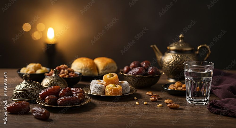 Ramadan Feast Dates Sweets Nuts Bread Water Iftar Table Setting Ramadan Feast Dates Sweets Nuts Bread Water Iftar Table Setting
