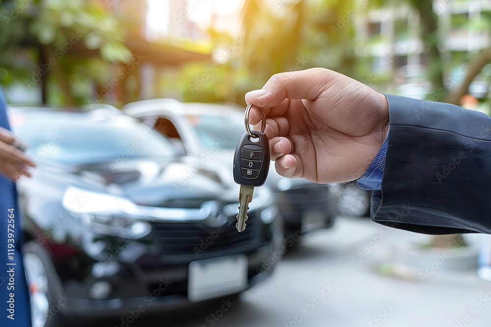 Fototapeta premium Real estate agent giving car key to customer