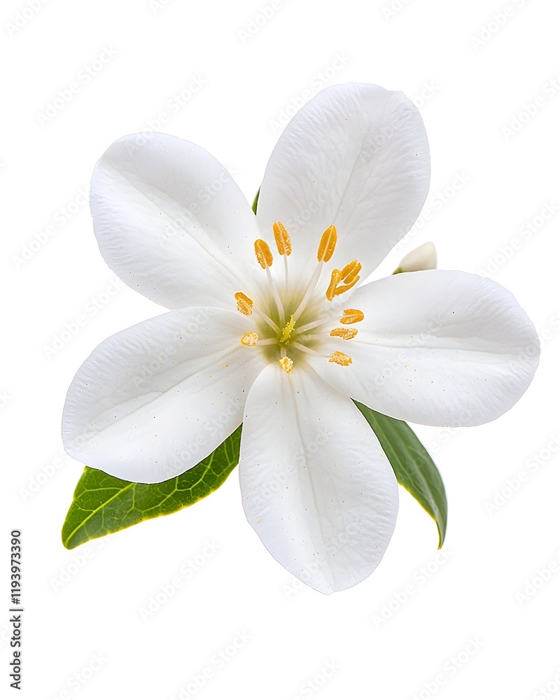 Fototapeta premium Close-Up of White Jasmine Flower with Yellow Stamens, Delicate Floral Beauty on White Background, Botanical Detail, Pure and Fresh Nature Symbol, Elegant Blossom with Green Leaves