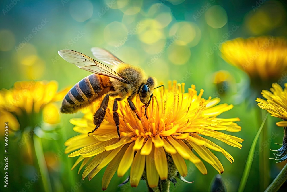 Vibrant Bee on Dandelion in Nature's Splendor - Close-up of Pollination, Beautiful Floral Scene, Macro Photography, Springtime Beauty, and Eco-Friendly Environment Vibrant Bee on Dandelion in Nature's Splendor - Close-up of Pollination, Beautiful Floral Scene, Macro Photography, Springtime Beauty, and Eco-Friendly Environment