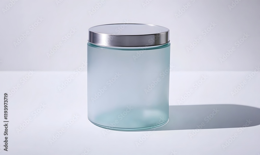 Frosted glass jar with a silver lid on white background.