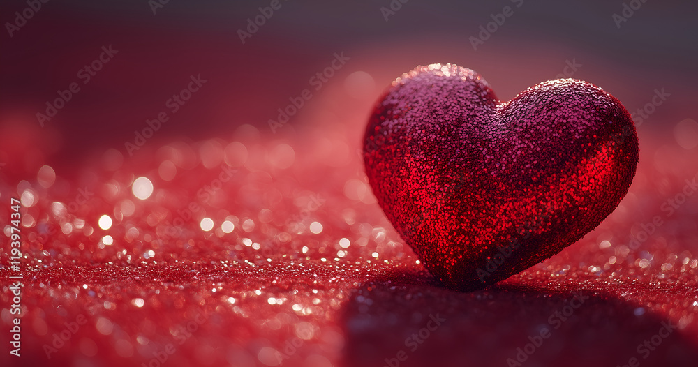 Fototapeta premium heart-shaped glitter on the red velvet surface, casting an enchanting shadow that adds to its romantic charm. 