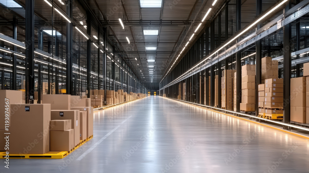 spacious warehouse with automated systems and stacked cargo boxes spacious warehouse with automated systems and stacked cargo boxes