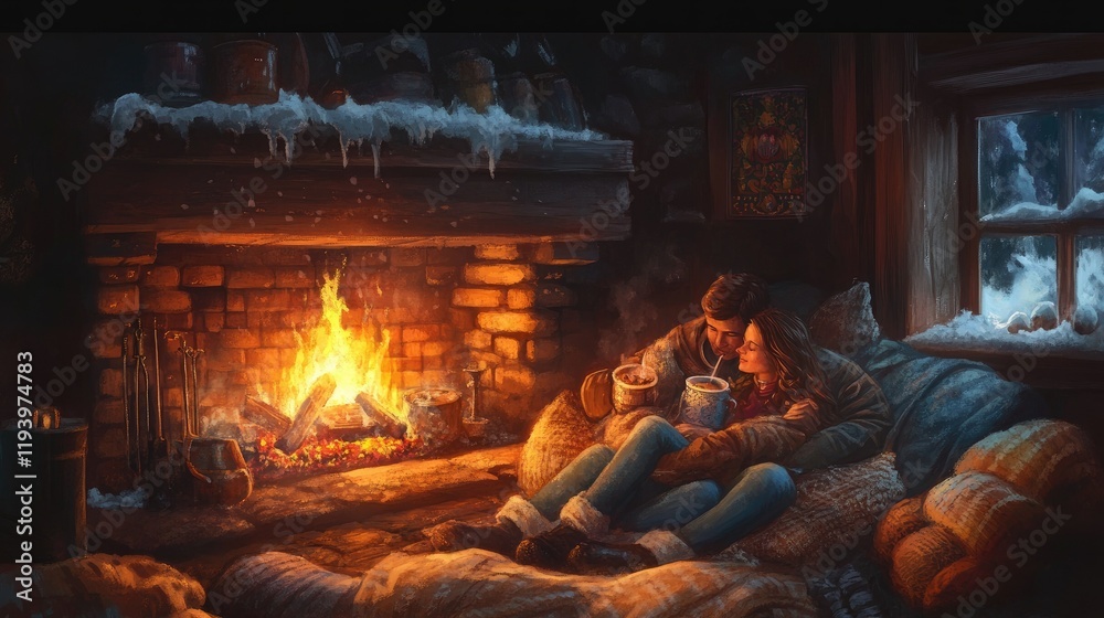 Cozy Winter Night by the Fireplace: A Romantic Couple Enjoying Hot Drinks in a Rustic Cabin