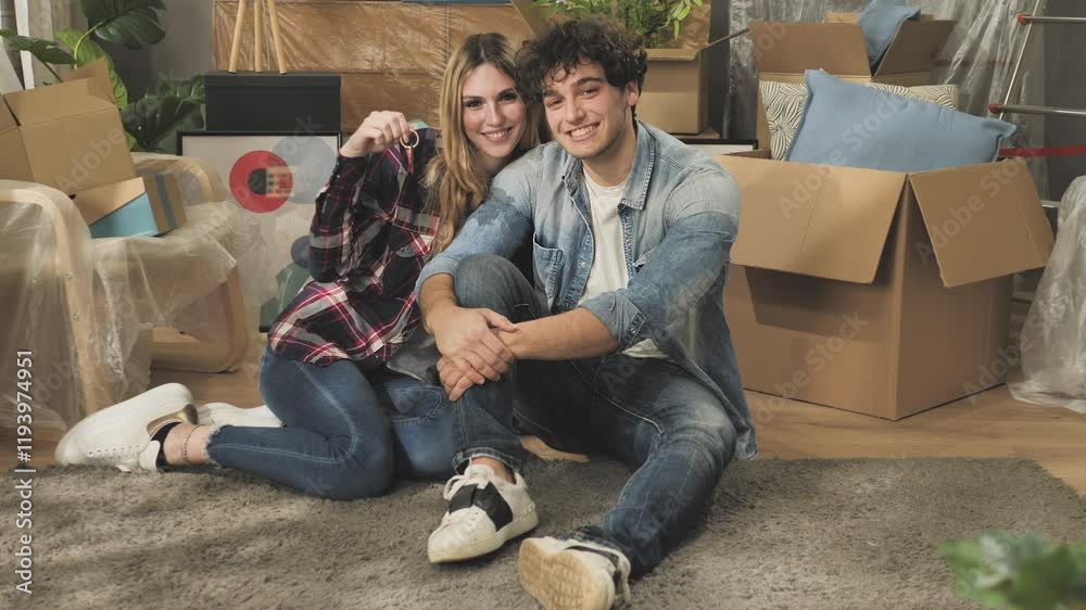happy young caucasian couple sits on the floor of new apartment fill of boxes with their belongings showing house key,people moving to new rental home 