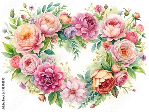 Watercolor Valentine Flowers Wreath - Romantic Floral Arrangement for Love Celebrations, Perfect for Weddings, Anniversaries, and Valentine's Day Decor, Soft Pastel Colors and Elegant Design