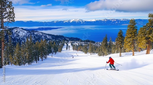 Skiing Enthusiast Gliding Down Snowy Slopes with Stunning Lake View and Clear Blue Skies
