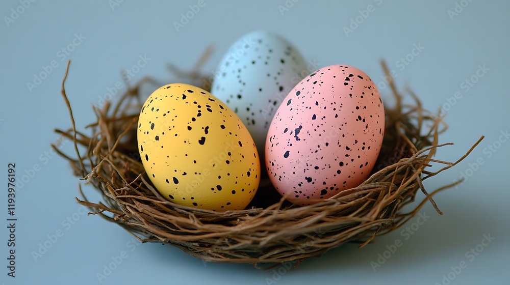 Elegant Easter Nest with Pastel Speckled Eggs on Blue Gradient