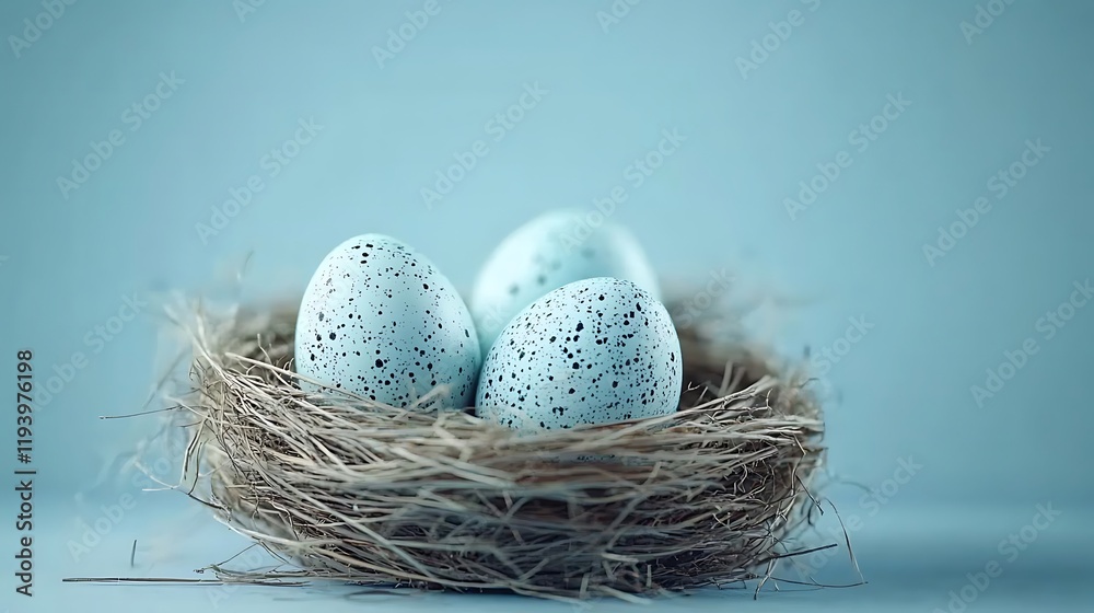 Elegant Easter Nest with Pastel Speckled Eggs on Blue Gradient Elegant Easter Nest with Pastel Speckled Eggs on Blue Gradient