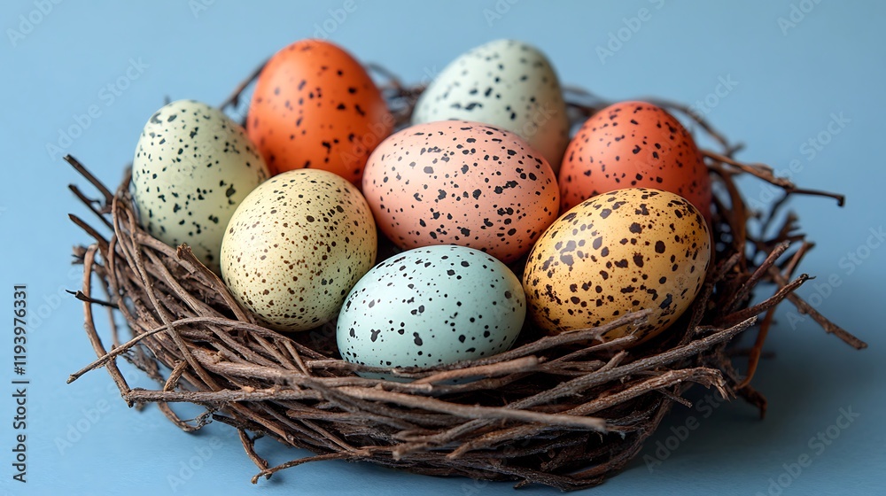 Elegant Easter Nest with Pastel Speckled Eggs on Blue Gradient Elegant Easter Nest with Pastel Speckled Eggs on Blue Gradient