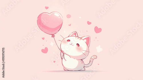 white cat hold pink heart balloon happily playing with soft and smooth background with many mini heart shapes scattered around