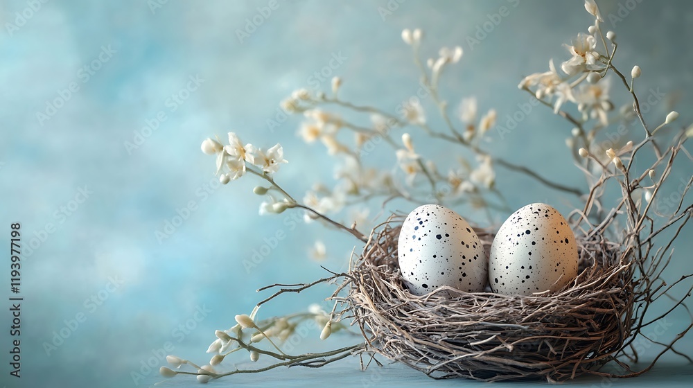Fototapeta premium Elegant Easter Nest with Pastel Speckled Eggs on Blue Gradient