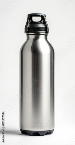 Stainless steel water bottle with black cap, isolated on white background. photo