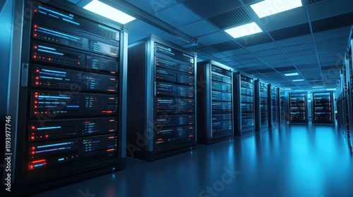 A row of powerful servers, the backbone of modern data centers servers