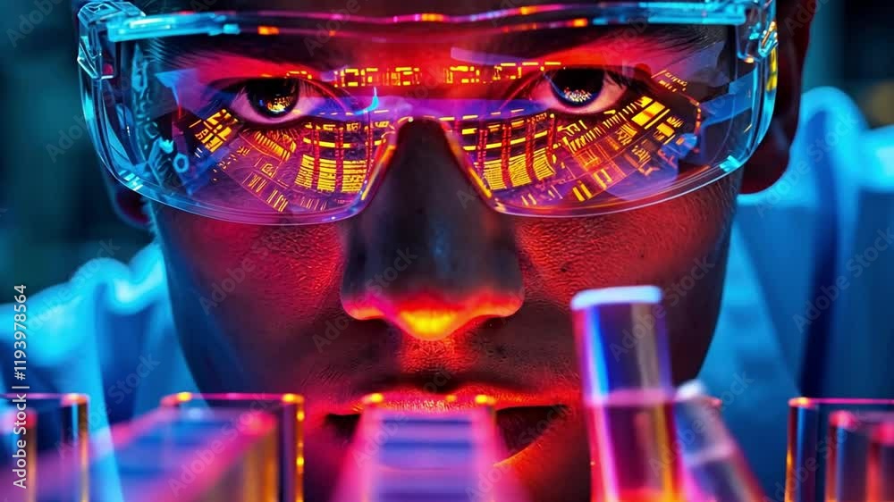 Eyes of Innovation: Close up shot of a scientist’s intense focus in a laboratory. The scientist, clad in safety goggles, leans in over a series of test tubes filled with colorful liquids.