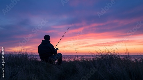 A person fishing at sunset, surrounded by grass, enjoying nature's beauty.