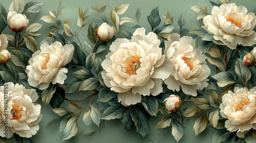 Floral design featuring peonies and leaves.