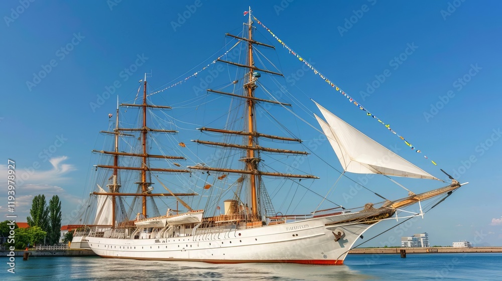 A majestic tall ship with sails raised, docked in a harbor under a clear blue sky. A majestic tall ship with sails raised, docked in a harbor under a clear blue sky.