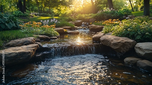 A tranquil garden with birds singing, a flowing stream, and flowers blooming, creating a peaceful atmosphere of harmony with nature. 95