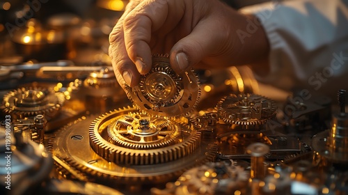 A close-up of a clockmaker assembling the delicate escapement mechanism of an antique clock, soft golden light highlighting the polished brass gears, blurred tools and parts in the background, photo