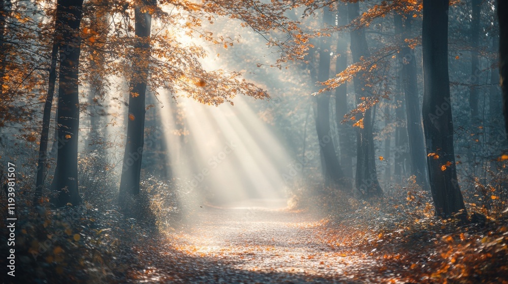 Obraz premium Forest with sun rays and leaves over path