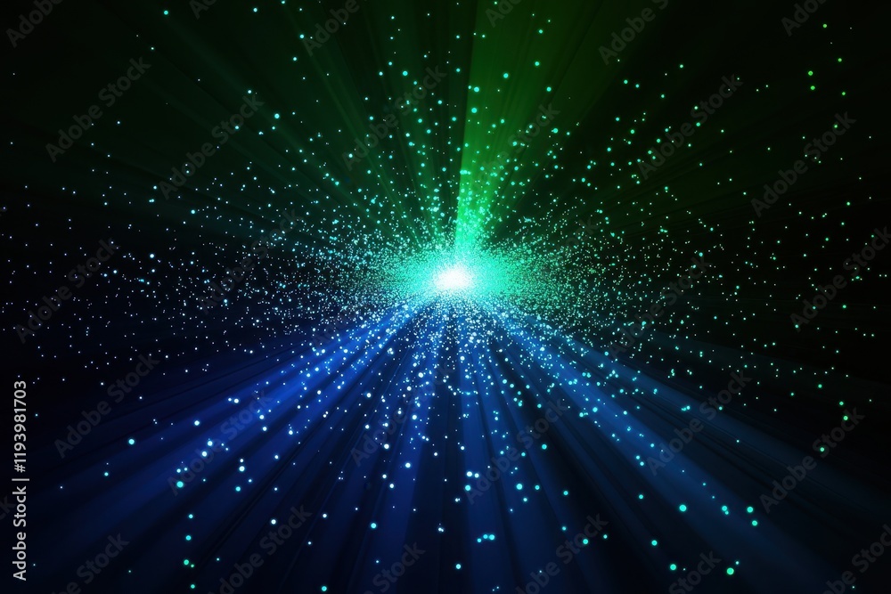 Naklejka premium Blue-green energy burst radiating from light source, dark background, digital art, website design