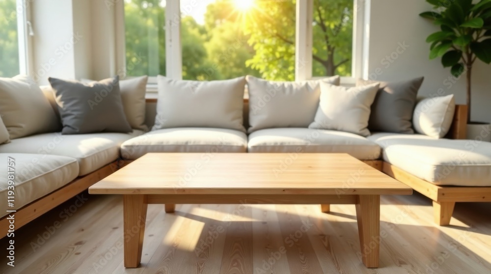 Obraz premium Sunlight streams through a window illuminating a minimalist living room with a low wooden coffee table and a comfortable sectional sofa