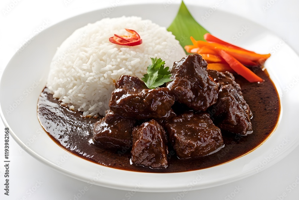 perfectly plated portion of rendang with tender beef pieces in dark, glossy sauce, served alongside a mound of steamed rice perfectly plated portion of rendang with tender beef pieces in dark, glossy sauce, served alongside a mound of steamed rice