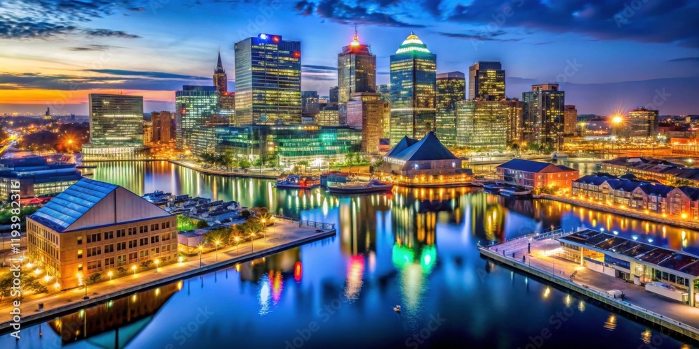 Obraz premium Vibrant City Skyline Reflected in Calm Water at Dusk