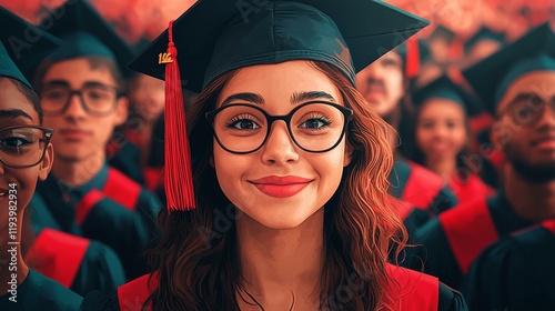 A smiling graduate holding a diploma, surrounded by classmates from different backgrounds. 349
