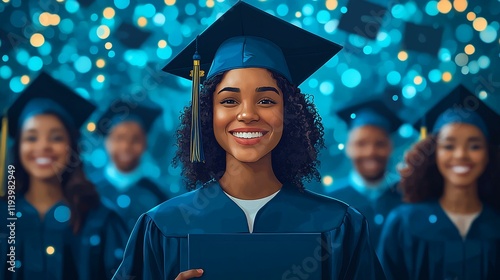 A smiling graduate holding a diploma, surrounded by classmates from different backgrounds. 350