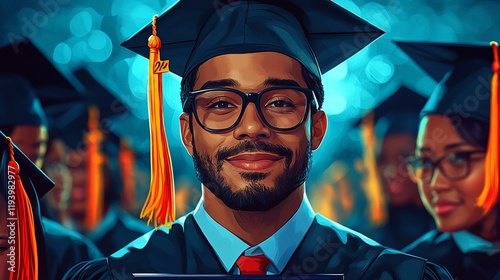 A smiling graduate holding a diploma, surrounded by classmates from different backgrounds. 352