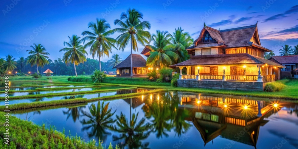 Naklejka premium Serene Landscape of Traditional Houses Beside Calm Rice Fields at Dusk