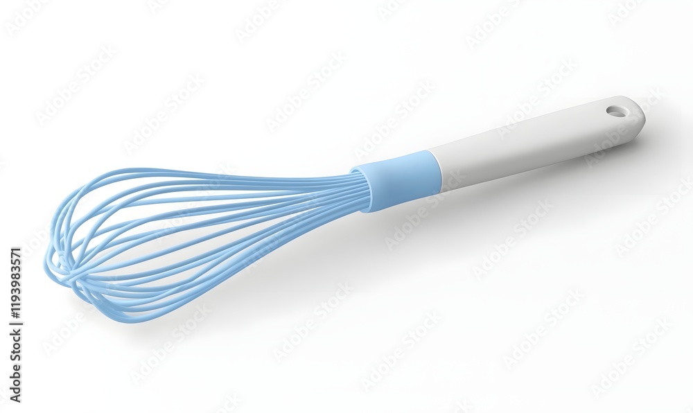 Light blue silicone whisk with white handle isolated on white background. Light blue silicone whisk with white handle isolated on white background.