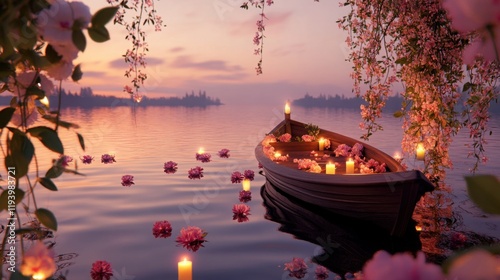 A romantic boat ride on a calm lake surrounded by flowers and candles, perfect for Valentine Day