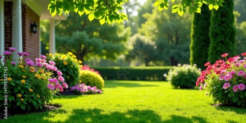 Wallpaper Mural Vibrant Blooms Adorn a Lush Green Lawn in Front of a House on a Sunny Day Torontodigital.ca