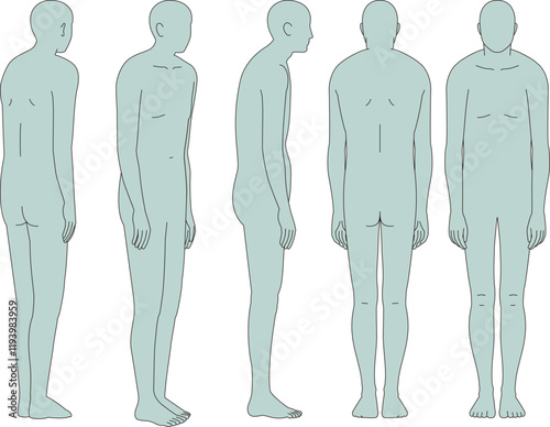 猫背の男性。前面、背面、斜め前、斜め後ろ、全身のイラスト