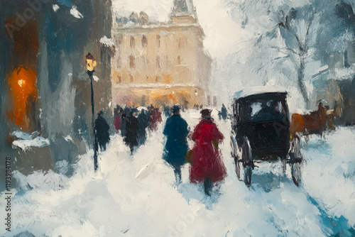Rough oil painting in an Impressionist style, a softly lit snowy city street in the Victorian era, featuring pedestrians in colorful coats and a horse-drawn carriage.
