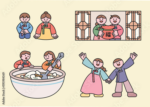 Happy new year. Cute characters wearing Hanbok and giving holiday greetings. People eating traditional Korean food and holding lucky bags.