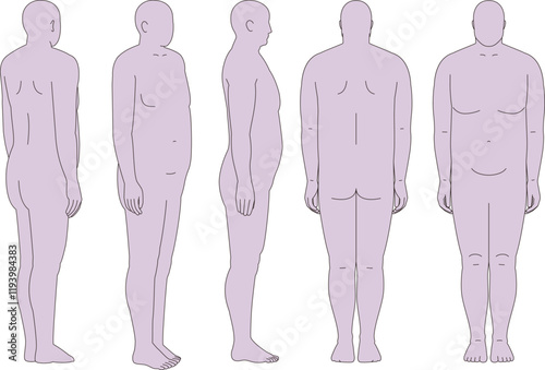 肥満の男性。前面、背面面、斜め面、前斜め後ろ面、全身のイラスト