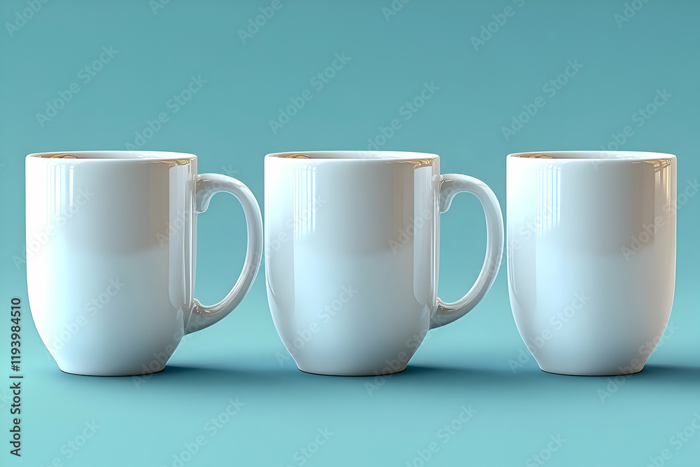 Three mugs, blue background, mockup, studio Three mugs, blue background, mockup, studio