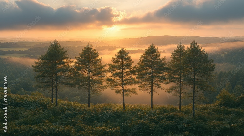 Serene Sunrise Over Misty Landscape Surrounded by Tall Pine Trees in a Tranquil Forest Setting with Rolling Hills and Soft Golden Light Serene Sunrise Over Misty Landscape Surrounded by Tall Pine Trees in a Tranquil Forest Setting with Rolling Hills and Soft Golden Light