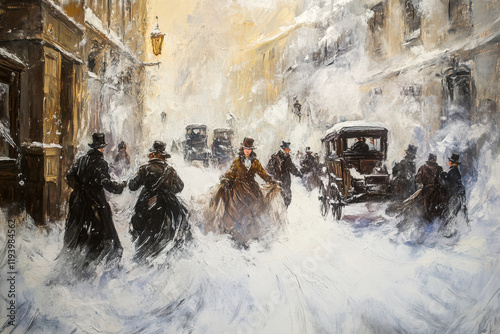 A bustling Victorian-era city street during a snowstorm, featuring pedestrians in period attire and horse-drawn carriages navigating the snow.