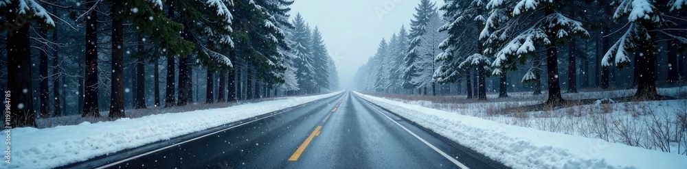 Fototapeta premium Forest road stretches into the distance with snowflakes falling gently, evergreen forest, cold climate