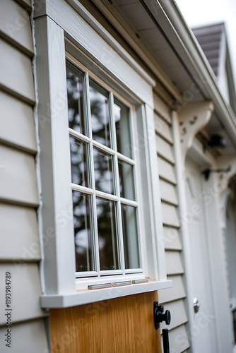 Elegant White Window and Wooden Door Detail on a Modern House Exterior. High-quality image showcasing beautiful home architecture and design. Ideal for real estate and home improvement websites. photo