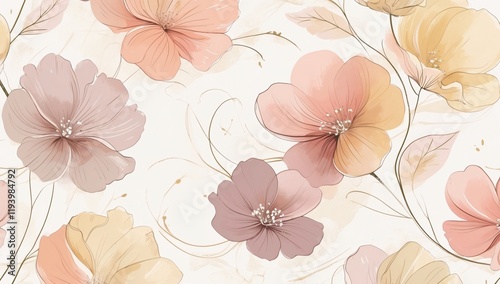Delicate floral illustration featuring beige tones and pastel blossoms. Artistic botanical design creating a serene and stylish background
