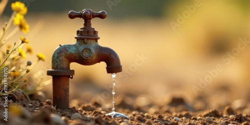 A rusty faucet trickles water onto dry, parched earth near wildflowers in the warm afternoon sun, symbolizing water scarcity and the need for conservation.