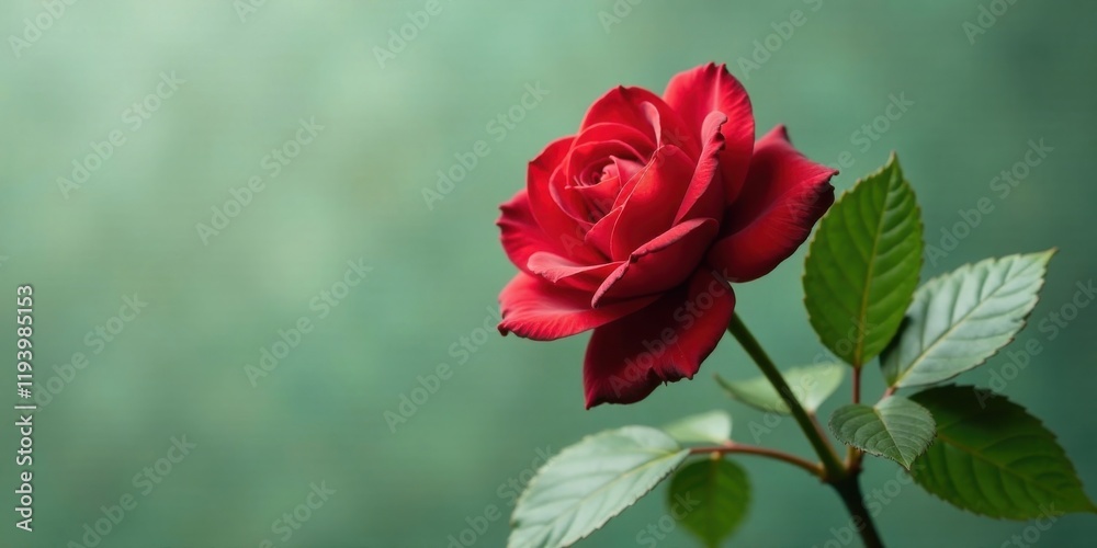A Single Red Rose with Vibrant Green Foliage, a Symbol of Love and Beauty, Gracefully Presented Against a Soft, Muted Background A Single Red Rose with Vibrant Green Foliage, a Symbol of Love and Beauty, Gracefully Presented Against a Soft, Muted Background
