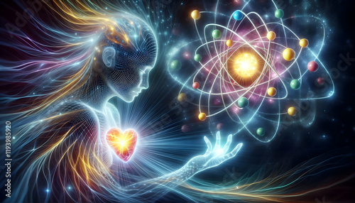 Atom A radiant, ethereal figure with intricate light patterns and a glowing heart reaching towards a colo3