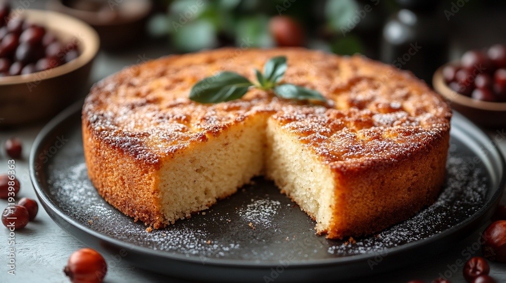 Delicious homemade round cake with a slice cut out, dusted with powdered sugar, served on a dark plate. Delicious homemade round cake with a slice cut out, dusted with powdered sugar, served on a dark plate.